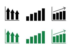 Arrow-topped vertical bars, Small to tall bar progression, Positive arrow bar graph black and white icon set vector