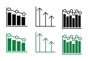 Line graph with data points, Bar chart with up arrows, Bar chart with dots and line black and white icon set vector