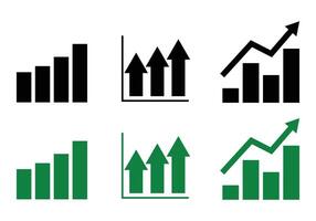 Four-bar growth chart, Vertical arrows bar chart, Upward trend line chart black and white icon set vector