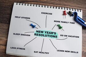 Concept of New Year's resolutions on book with keywords isolated on Wooden Table. photo