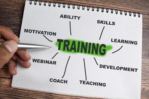 Concept of Training on book with keywords isolated on Wooden Table. photo