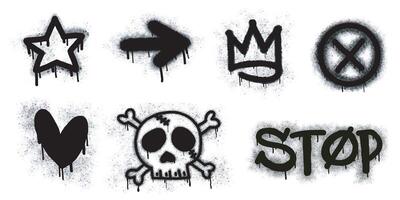 Set of graffiti image symbols. Spray painted graffiti patterns in the form of question marks, arrows, crowns, stars, fences, skull heads. Spray paint elements. Street art style illustrations. vector