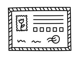 Simple sketch blank airmail envelope with stripes, postage stamp with tulip picture, address and index cell. Hand drawn USA international mail doodle, vintage postcard, delivering post concept. vector