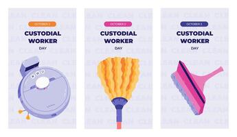 Vertical trendy set of stories for Custodial Worker Day with colorful home cleansing clipart. Greeting concept banner with robot vacuum cleaner, broom to swipe dust, window scraper for social media. vector