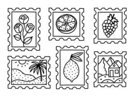 Lovely black and white set of postage stamp with picture of lonely desert with palm, home in wintertime mountains, roses, lemon, grape. Retro doodle postcard stickers isolated on background. vector