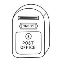 Lovely outline doodle mailbox with index label, keyhole and open hole to send envelopes, parcels. Hand draw street letter box beside post office. Retro postbox of postal service isolated on white. vector