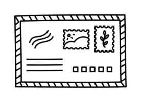 Lovely black and white blank airmail envelope with striped frame, postage stamps. marks, address line, index. Hand drawn USA post, correspondence paper with meadow and leaf picture isolated on white. vector