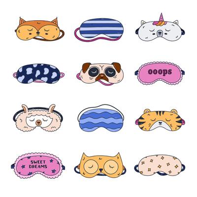 Big colored line doodle sleeping mask set with animal head, geometric pattern, lettering. Lovely hand drawn patterned eye mask for kids, women. Bedtime accessory for good night, comfort rest.