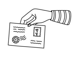 Lovely line doodle women hand holding envelope with postage stamp, marks, place for address and index. Hand drawn letter in lady arm to put it in mailbox, send via post office isolated on background. vector