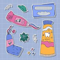Lovely multicolored doodle sticker set with different toothpastes and teeth stripes for planners, notebooks. Ready for print list of cute hand drawn stickers for cleaning and bleaching enamel. vector