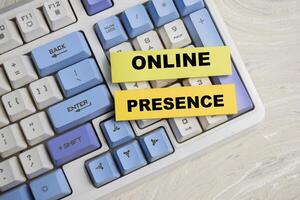 Concept of Online Presence write on sticky notes isolated on Wooden Table. photo