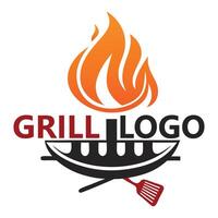 Grill Logo Design with Flame and Spatula Icon vector
