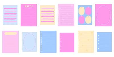 Vibrant color sticky paper notes for daily planner, hand drawn memo sheet stickers. Pins and paper clips, paper note, to-do list and reminder, blank diary pages set. pink blue yellow. vector