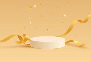 Elegant white round podium with flowing orange silk ribbons on yellow background with golden confetti and stars. Platform with delicate floating streamers and shimmering particles. vector