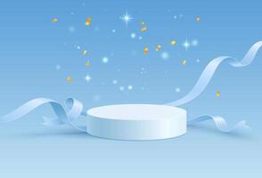 Elegant white round podium with flowing blue silk ribbons on pastel background with gold confetti and stars. Platform with delicate floating streamers and shimmering particles. vector