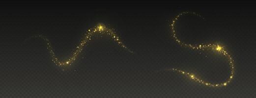 Golden dust trail with star-shaped sparkles on dark background. Magic realistic wave paths of shining glitters and shimmering particles. vector