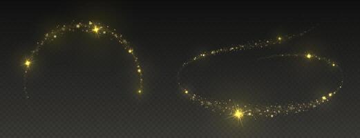 Golden dust trail with star shaped sparkles on dark background. Magic realistic wave paths of shining glitters and shimmering particles. vector
