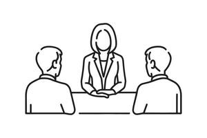 Woman in business attire engages in conversation with two men line art flat illustration. vector