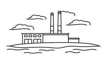 Factory is located on a beach surrounded by a cloudy sky with the ocean visible in the foreground line art flat illustration vector
