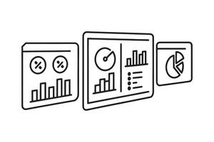Futuristic interface displaying data management tools and analytics line art flat illustration. vector