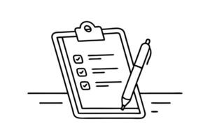 Clipboard with checklist and pen. To do list with ticks and concept for test expertise and exam in simple linear style Hand drawn line art flat illustration. vector