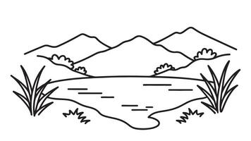 Calm lake encircled by rugged mountains and soft green grass showcasing a beautiful outdoor setting line art flat illustration. vector
