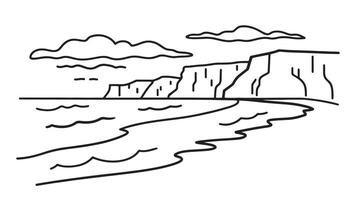 Black sand beach in Iceland featuring dramatic cliffs and waves crashing against the shore under a cloudy sky line art flat illustration. vector