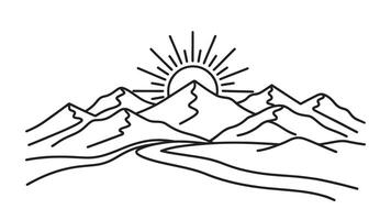 Bright sun illuminating a snowy mountain range creating a stunning contrast between the white snow and blue sky line art flat illustration. vector