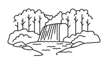 Beautiful waterfall nestled in a dense forest with water splashing over stones surrounded by rich foliage and trees line art flat illustration vector