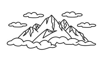 Beautiful mountain range surrounded with white clouds floating in a clear blue sky line art flat illustration vector