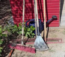 A variety of garden tools positioned on artificial grass for outdoor gardening. Several garden tools, including a rake, shovel, and pruners, are arranged on a patch of artificial grass photo