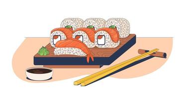 Japanese sushi platter with chopsticks and soy sauce 2D illustration. Seafood maki nigiri with salmon slices. Authentic food flat object isolated on white background. Colorful cartoon image vector