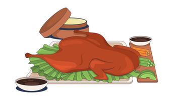 Peking duck with dipping sauces and sliced vegetables 2D illustration. Beijing dish roasted. Asian cuisine. Authentic food flat object isolated on white background. Colorful cartoon image vector