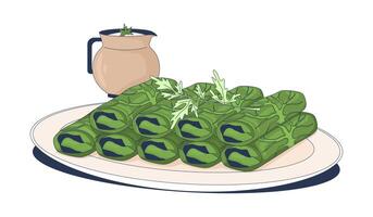 Dolma stuffed grape leaves with yoghurt sauce 2D illustration. Turkish yalanchi sarma. Dolmades. Warak enab. Authentic appetizer flat object isolated on white background. Colorful cartoon image vector