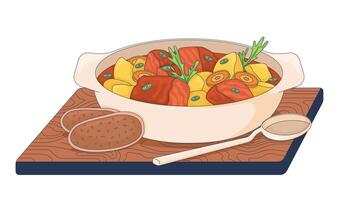 Hungarian goulash served with bread and spoon 2D illustration. Hearty stew with beef potato. Homestyle ragout. Authentic food flat object isolated on white background. Colorful cartoon image vector