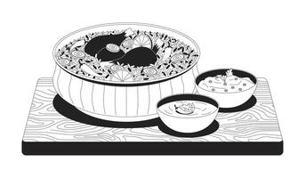 Chicken biryani with raita and shorba outline illustration. Basmati rice bowl with drumsticks. Pakistani cuisine. Authentic food 2D line item isolated on white. Monochrome ink linear image vector