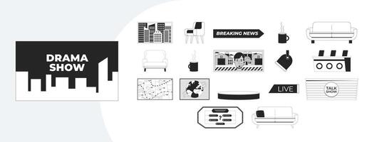 TV shows and broadcast elements outline illustrations mega bundle. Studio props furniture, breaking news, weather map, talk show 2D linear images isolated. Collection black and white drawings vector