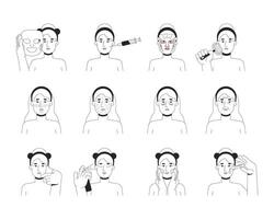 Skincare routine and skin problems outline illustrations set. Cosmetic applying, gua sha, microneedling, acne. Caucasian woman 2D line character isolated on white. Ink linear images collection vector