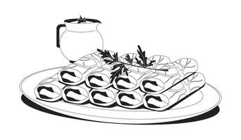 Dolma stuffed grape leaves with yoghurt sauce outline illustration. Turkish yalanchi sarma. Dolmades. Warak enab. Authentic appetizer 2D line item isolated on white. Monochrome ink linear image vector