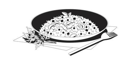 Mussels and pea risotto with mushrooms and garnish outline illustration. Italian saffron rice dish. Dinner plate. Authentic food 2D line item isolated on white. Monochrome ink linear image vector