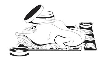 Peking duck with dipping sauces and sliced vegetables outline illustration. Beijing dish roasted. Asian cuisine. Authentic food 2D line item isolated on white. Monochrome ink linear image vector