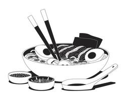 Japanese tonkotsu ramen bowl with boiled egg and pork outline illustration. Noodle broth dish with chopsticks. Authentic food 2D line item isolated on white. Monochrome ink linear image vector