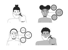 Face skin problems and shaving routine outline illustrations set. Beard grooming, skincare dermatology. Diverse women, men 2D line characters isolated on white. Ink linear images collection vector