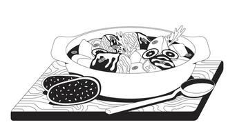 Hungarian goulash served with bread and spoon outline illustration. Hearty stew with beef potato. Homestyle ragout. Authentic food 2D line item isolated on white. Monochrome ink linear image vector