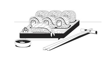 Japanese sushi platter with chopsticks and soy sauce outline illustration. Seafood maki nigiri with salmon slices. Authentic food 2D line item isolated on white. Monochrome ink linear image vector