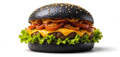 Juicy Black Bun Burger with Cheese, Caramelized Onions, and Lettuce Isolated on White Background photo