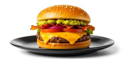Gourmet Cheeseburger with Bacon and Guacamole in Clean Minimalist Setting photo