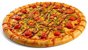 Freshly Baked Pizza with Sausage, Bell Peppers, Corn, and BBQ Sauce on Crispy Crust photo