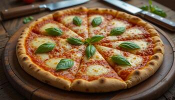 Freshly Baked Pizza Cut into Eight Slices on Rustic Table with Knife in Background photo