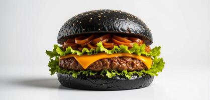 Mouthwatering Black Bun Cheeseburger with Fresh Toppings on Clean White Backdrop photo